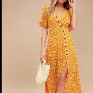 Yellow floral print midi dress